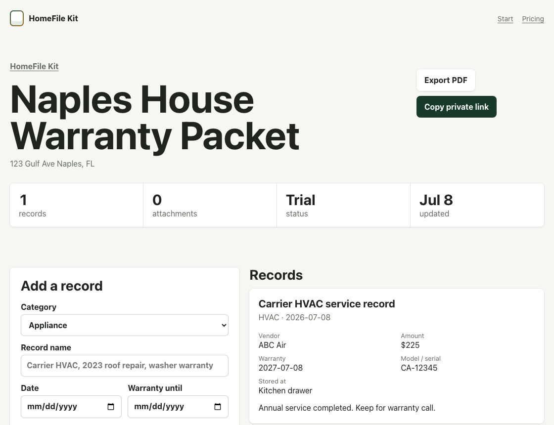 HomeFile Kit dashboard preview